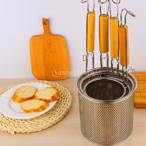 Stainless Steel Noodle Food Strainer with Hook and Wooden Handle, Strainer Basket for Dumpling, Udon, Vegetables or Pasta