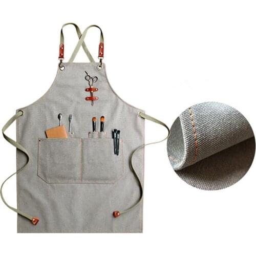 Khaki Gray Canvas Apron Cotton Strap Barista Bartender Baker Waitstaff Uniform Florist Barber Hairdresser Painter Work Wear K41