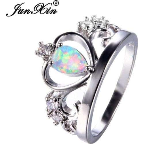 JUNXIN White/Blue Fire Opal Crown Ring Fashion Siver Color Zircon Rings For Women Wedding Party Jewelry Valentines Day Gift