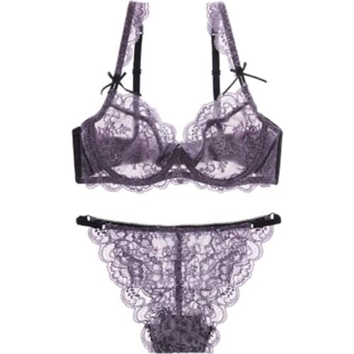 Womens underwear set sexy bra fashion purple sexy lace plus size mm ultra-thin white large size bra and panties