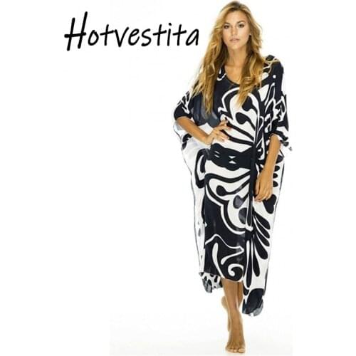 Hotvestita Kaftan Beach Summer Maxi Dress Cotton Butterfly Print Tunic Women Sarong Beach Vacation Wrap Loose Bikini Cover Up