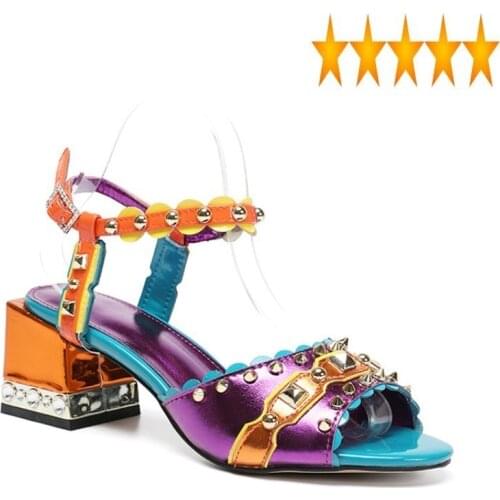 Chunky Fashion Med Office Women Heels Personality Rivets Color Block Female Casual Leather Shoes Summer Outdoor Sandals