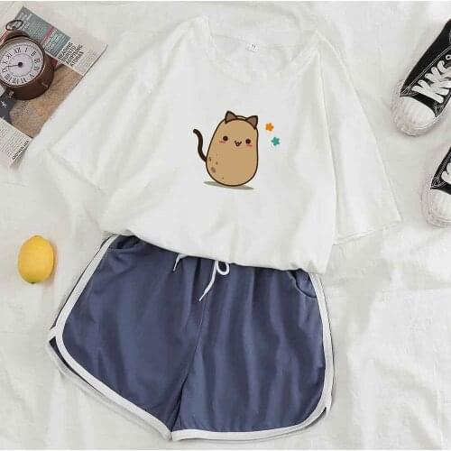 Cute Pijamas Women Kawaii Pajama Shorts Loungewear Women Homewear Lounge Set Shorts Korean Style Cute Cat Potato Print Suit