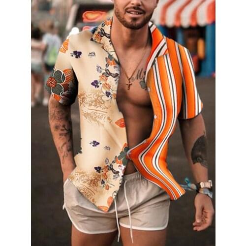 2021 Summer Ethnic Style Mens Casual Shirt Mens Print Stand-Up Collar Striped Short-Sleeve Loose Hawaiian High-Quality T-shirt