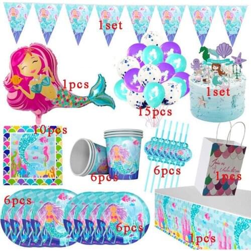 1st Happy Birthday Party Set Mermaids Party Tableware Paper Cups Plate Latex Balloons Baby Shower Party Decorations