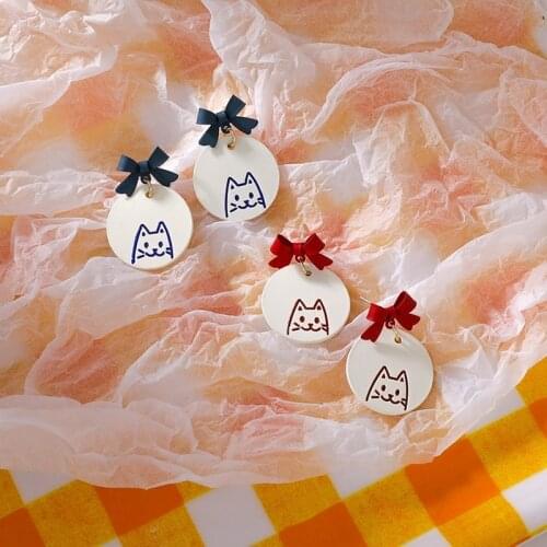 Wholesale New Fashion Vintage Oil Painting Cat Bow Earrings for Women Round Shape Cute Design Simple Style Girl Trendy Jewelry