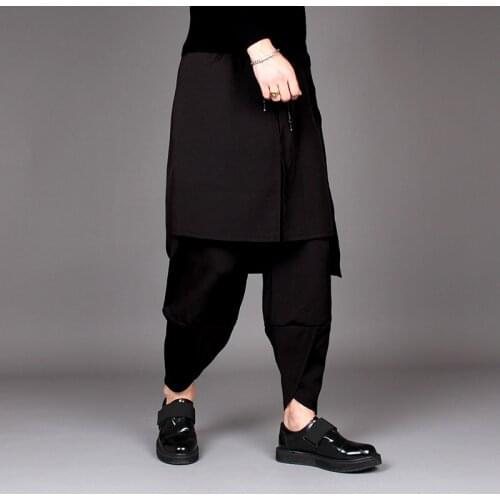 Original black style loose and fake two skirt pants tide brand summer mens stylist trend casual Harlan nine point pants