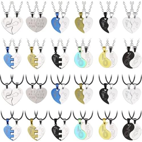 Stainless Steel Couples Necklace Heart Shaped Circular Puzzle Various Pendant Steel Chain Leather Rope Jewelry Romantic Gifts