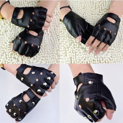 Men Unisex Artificial Leather Half-Finger Gloves Theatrical Punk Hip-Hop Driving Motorcycle Performance Party Fingerless Mittens
