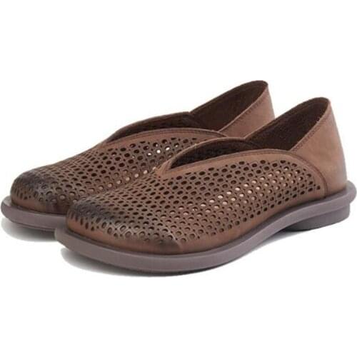 Summer woman sandals Genuine Leather Slip On Flat Toe Round Toe Shallow Cutout Comfy Soft Retro Wedge women shoes size 36-44