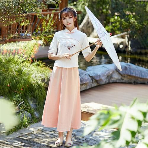 Traditional Linen Shirt Chinese Clothing for Women Cheongsam Hanfu New Year Vintage Womens Chinese Style Tops + Skirts Tang Suit