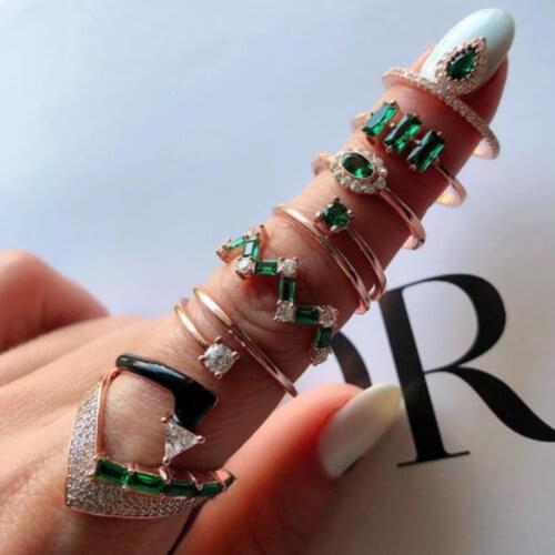 UILZ 2020 New Arrival Trendy Crystal Geometric Green Zirconia Open Ring for Women Elegant Fashion Luxury Married Jewelry UR2003