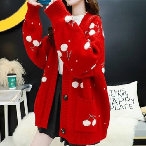 Fruit Cherry Embroidered Knit Cardigan Autumn V-neck Oversized Ladies Sweater Cardigan Jacket Winter Warm Knitwear