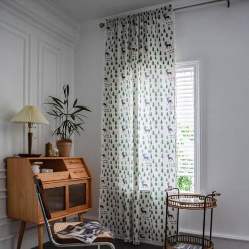 American Fawn Christmas Tree Printing Kitchen Curtain Cotton And Linen Semi-Shading Bay Window White Tassel Curtain Decoration