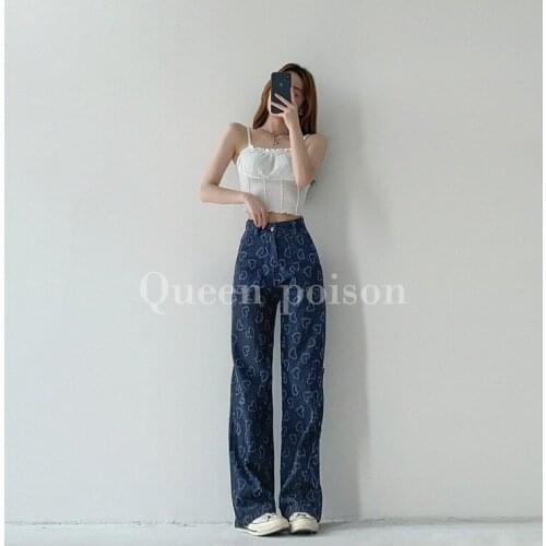 Heart Print Jeans Women Denim High Waist Loose Full Length Wide Leg Trousers for Women Vintage Fashion Slim Denim Streetwear
