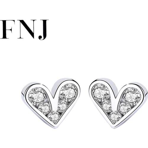 FNJ Romantic Heart Earrings 925 Silver Jewelry Original Pure S925 Sterling Silver Stud Earring for Women White Zircon