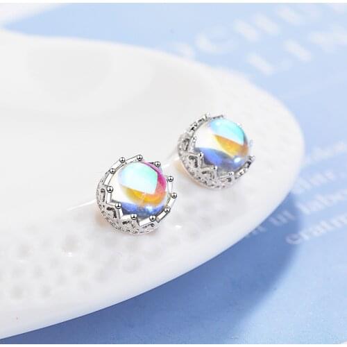 925 Sterling Silver Piercing Moonstone Crown Round Stud Earring For Women Jewelry pendientes 2020 Oorbellen eh057