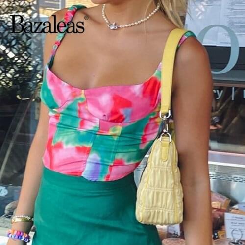 Bazaleas Chic Spaghetti Straps Camis France Tie Dyeing Red Green Women Crop Top Sexy Elastic Tank Top