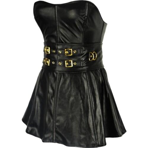 2020 Faux Leather Women Bustier Black Push Up Bust Metal Buckle Back Lacing Stomach Corset Back Zipper PU Short Shaper Dress