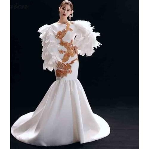 Fashion White Embroidery Cheongsam Modern Stage Show Long Dresses Qi Pao Women Chinese Evening Dress Elegant Mermaid Gown Qipao