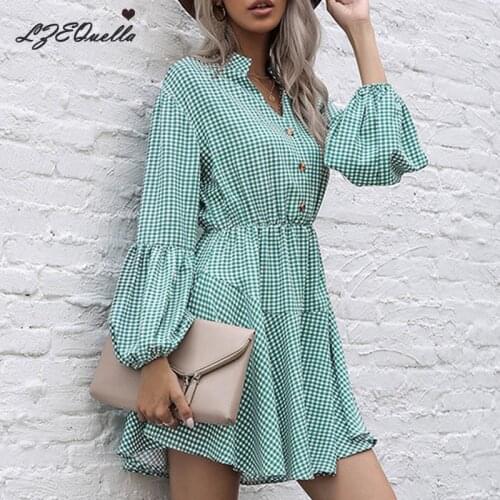 LZEQuella Womens Spring Dress Long Sleeve High Waist A Line Mini Party Vestidos Ruffle Button Elegant Clothes 2021