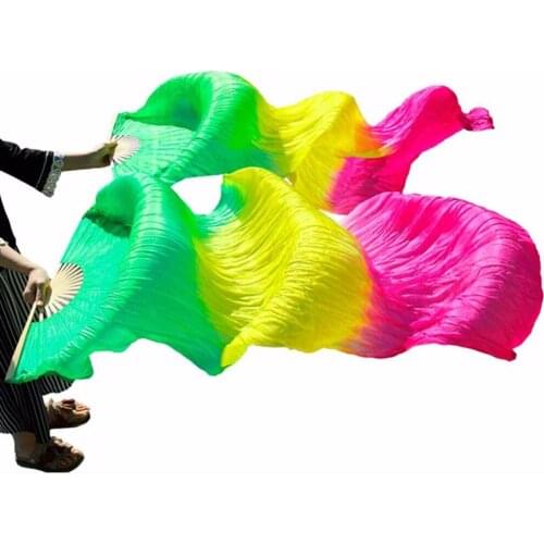 High selling 100% Silk Handmade Dyed Silk Belly Dance Fans Dance Performance Props Silk Fans 1 Pair green yellow rose 180*90 cm