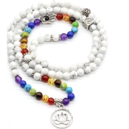 100-Unique 1 Pcs Silver Plated Lotus with 6 mm Beads White Howlite Stone 3D Symbol Bracelets Fatima Palm Healing Chakra Jewelry