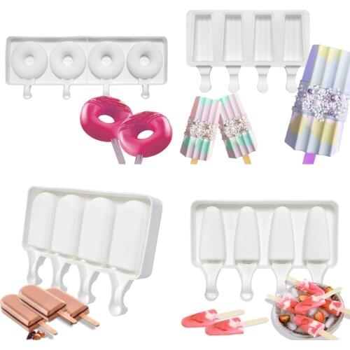 4 Cavity Ice Cube Tray Silicone Popsicle Moulds Donuts Shape Ice Cream Molds Summer Freezer Juice Jelly Tools 50 Wooden Sticks