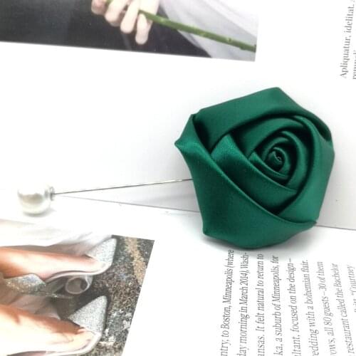5pcs Dark Green Satin Rose Handmade Flower Brooch Pin Wedding Party Favor Gifts For Guests Bridesmaid Best Man Groomsman