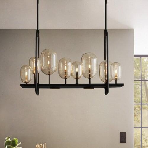 American Dining Room Retro Metal G4 Led Pendant Light RH Amber Glass Luminarias Straight Pendant Lamp Lustre Lamparas Lighting