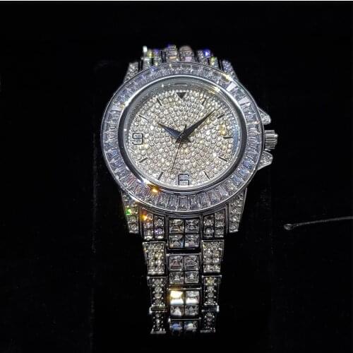 Hip Hop MISSFOX Fully Iced Out Men Watches Silver Stainless Steel Fashion Luxury Rhinestones Quartz Wristwatches Business Watch