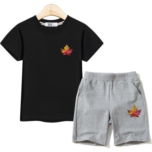Maple Leaf Fashion Kids Set Cartoon Print Boys Clothes T-shirt + Pants 2pc Set Girl Summer Outfits Brand Short Sleeve Tops Suit