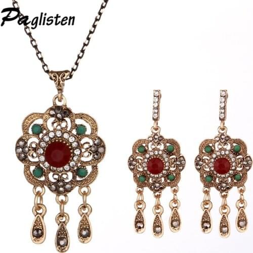 Hot Crystal Hollow Flowers Tassels Necklace Sets Fashion Earing For Women Multicolor Jewelry Set Bohemia Red Bead Necklace ZA36