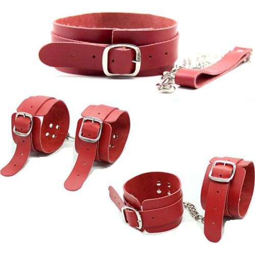 Red Genuine Leather Handcuff with Buckle Restraints Bondage Adjustable Leg Cuffs Ankle Cuff Restraints Bondage Sex Toy BDSM