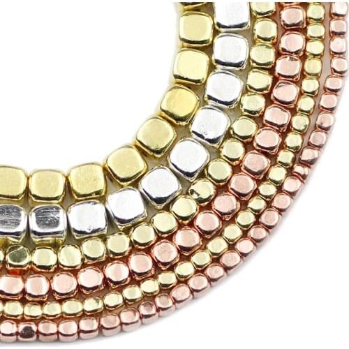 Square Cube Rose Gold Natural Stone Hematite Pendant Spacer Loose Beads For Jewelry Making DIY Accessories Bracelets 2/3/4/6MM