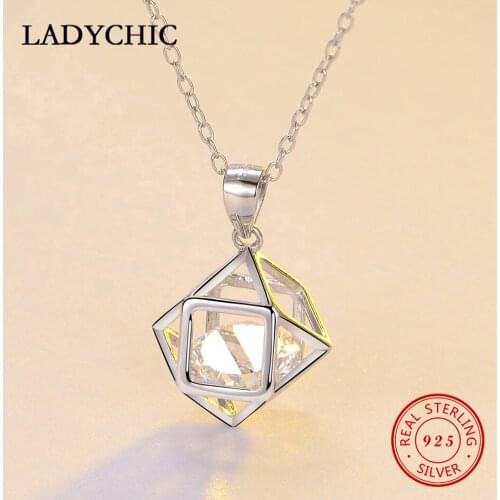LADYCHIC 2019 New Arrival 925 Sterling Silver Geometric Cut Necklaces & Pendants with AAA+ Zircon Promised Love Jewelry LNS1040