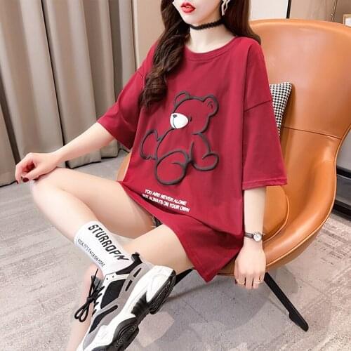 Summer new style cartoon bear print mid-length T-shirt loose sleeves casual all-match top T-shirt women