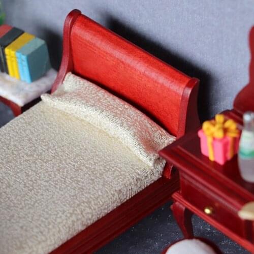 Retro 1:12 Dollhouse Wooden Single Bed Model, Mini Furniture Miniature Bedroom Decoration