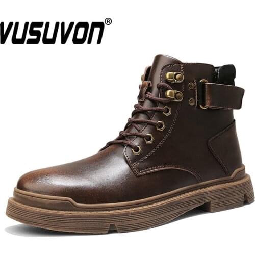 Mens Martin Boots Winter British Style High-top Tooling Boots Rubber Thick-soled Fashion Natural Leather Shoes