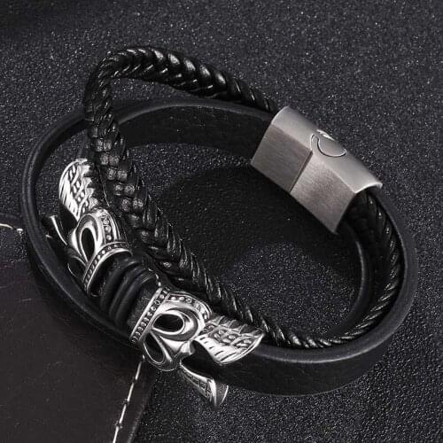 Punk Men Multilayer Leather Bracelets Braided Rope Charm Bracelets Stainless Steel Magnetic Clasp Wristband Male Gift BB0447