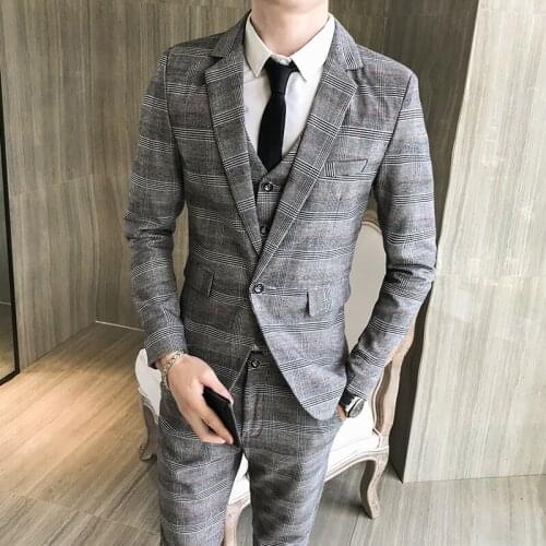Mens Suit 3-piece Suit Jacket + Vest + Pants Mens Wedding Suit Men Fashion Suits Slim Check Three-piece Suit Smart Casual