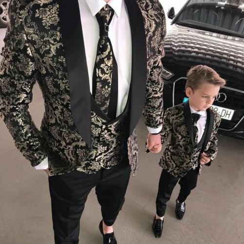 YiMinpwp Black Men Suits Shawl Lapel One Button Gold Jaquard Prom Suits Blazer Jacket Men Tuxedos Costume Mariage Homme 3 Piece
