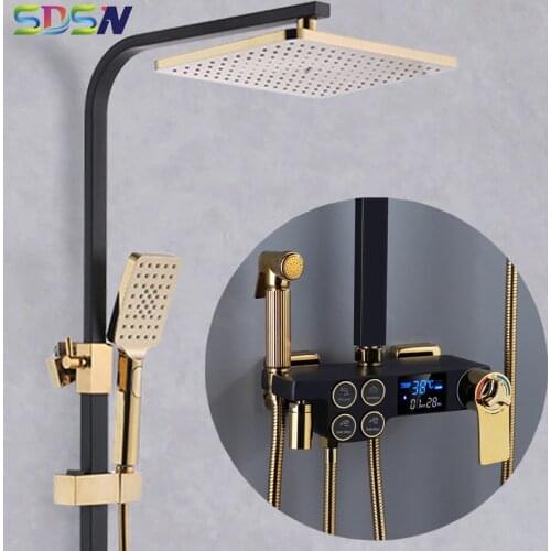 Bathroom Shower Set of 10 Inch Rainfall Shower Head Brass Bathroom Mixer Faucet Black Gold Thermostatic Bath Shower Mixer Set
