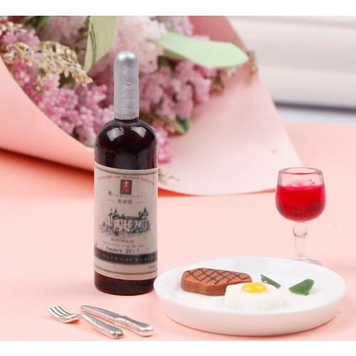 1 Set 1:12 Scale Dollhouse Mini Red Wine Steak Set Miniature Kitchen Simulation Decoration