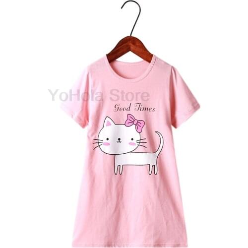 Night Dress for Girls Pajamas for Girls Cartoon Cute Cat Cotton Summer Sleepwear Nightgown Soft Pink Nightdress Comfortable