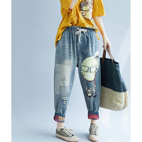 New Arrival Spring Autumn Arts Style Cartoon Print Loose Casual Jeans Vintage Hole Cotton Denim Harem Pants Plus Size M583