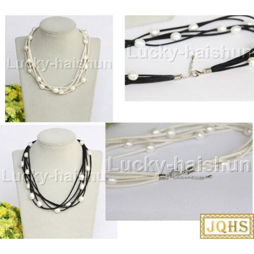 JQHS 5strands 16-18" 10X12mm white freshwater pearls black leather necklace j12256