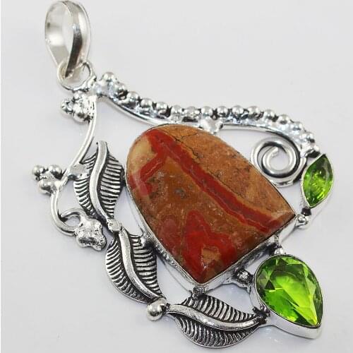 Jaspers & Peridot Pendant Silver Overlay over Copper , 80 mm, P1122