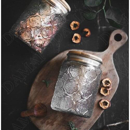Relief Glass Storage Jars with Lid Retro Decorative Cereal Dispenser Kitchen Candy Jar Desktop Snacks Organizer Home Decoration