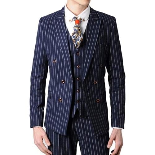 Men Suits Navy Blue/Black/Grey with White Stripes Groom Tuxedos Peak Lapel Groomsmen Wedding Best Man ( Jacket+Pants+Vest ) C712
